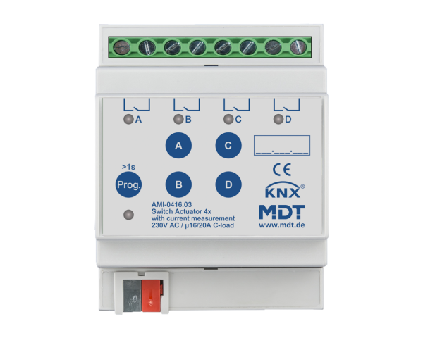 MDT AMI-0416.03 KNX Schaltaktor 4-fach, 4TE REG, 16/20 A, 230 V AC, C-Last, Strommessung, 200 µF