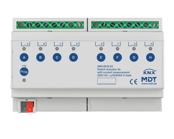 MDT AMI-0816.03 KNX Schaltaktor 8-fach, 8TE REG, 16/20 A, 230 V AC, C-Last, Strommessung, 200 µF