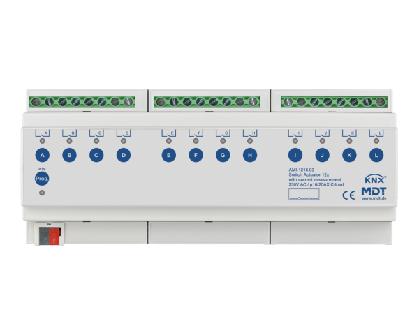 MDT AMI-1216.03 KNX Schaltaktor 12-fach, 12TE REG, 16/20 A, 230VAC, C-Last, Strommessung, 200 µF