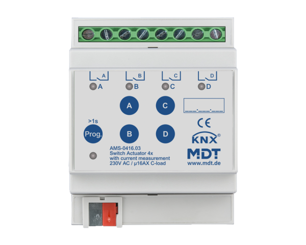 MDT AMS-0416.03 KNX Schaltaktor 4-fach, 4TE REG, 16 A, 230 V AC, C-Last, Strommessung, 140 µF