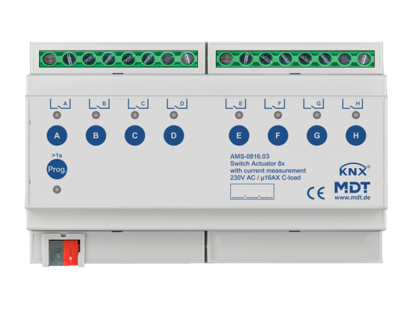 MDT AMS-0816.03 KNX Schaltaktor 8-fach, 8TE REG, 16 A, 230 V AC, C-Last, Strommessung, 140 µF