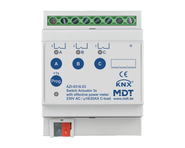 MDT AZI-0316.03 KNX Schaltaktor 3-fach, 4TE REG, 16/20 A, 230 V AC, Wirkleistungszähler, 200 µF