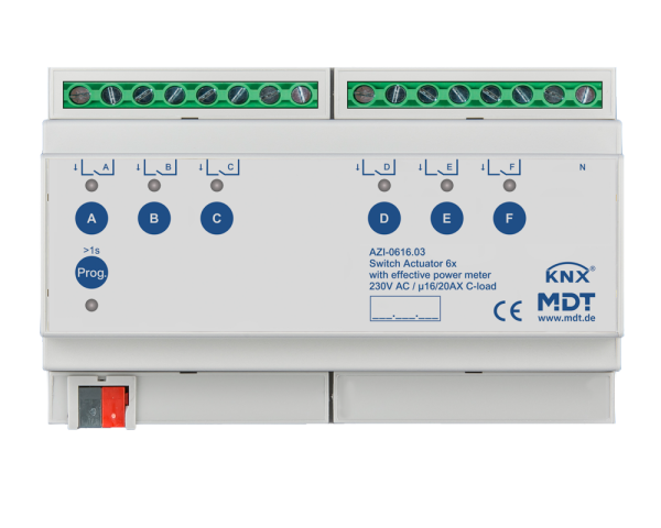 MDT AZI-0616.03 KNX Schaltaktor 6-fach, 8TE REG, 16/20 A, 230 V AC, Wirkleistungszähler, 200 µF