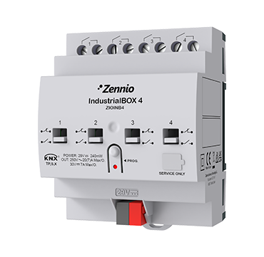 Zennio ZIOINB4 Industrieaktor mit 4 Ausgängen (20 A - 200 µF), mechanische manuelle Bedienung und KNX Secure