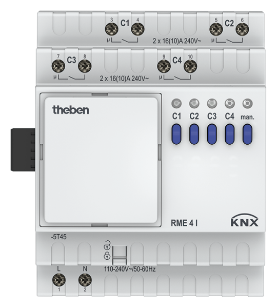 Theben RME 4 I KNX Schaltaktor (Grundmodul MIX2) 4-fach 16 A C-Last 200 µF, KNX TP, Data Secure, Erweiterung MIX2